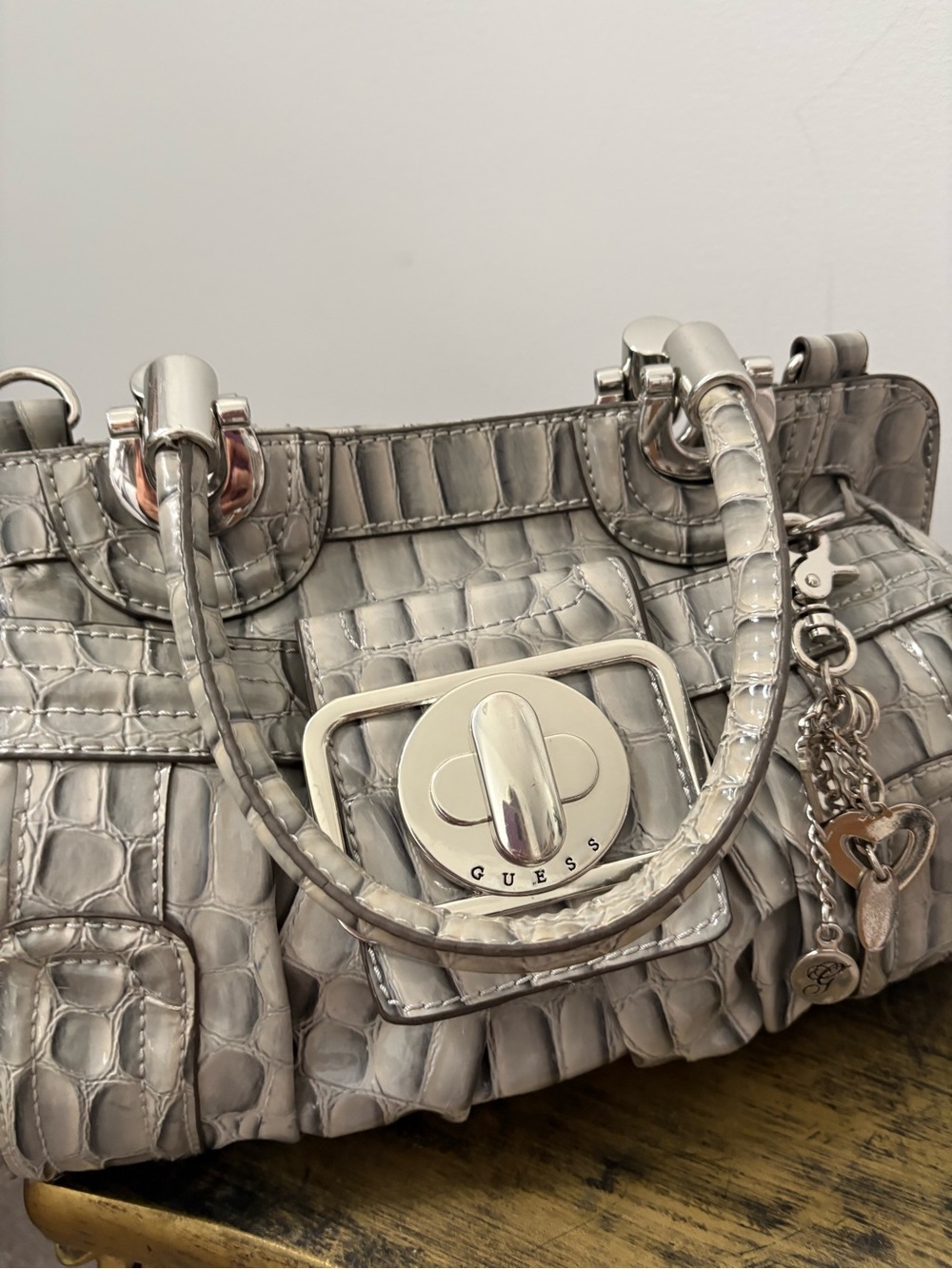 Y2K Guess Silver Croc-Embossed Satchel with Charm Hardware - Picture 3 of 5